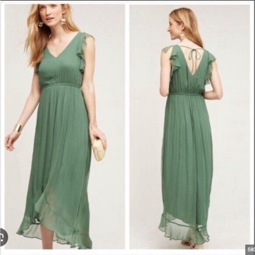 HD‎ In Paris Green Ruffle Sleeve Empire Waist Maxi Dress Tie Back Size 2P